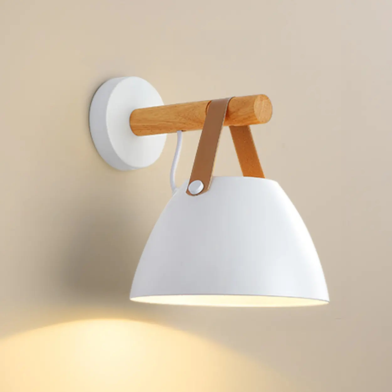 Scandinavian Leather Straps White Cone Wall Sconce Image - 2