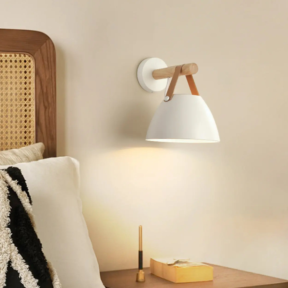 Scandinavian Leather Straps White Cone Wall Sconce Image - 3