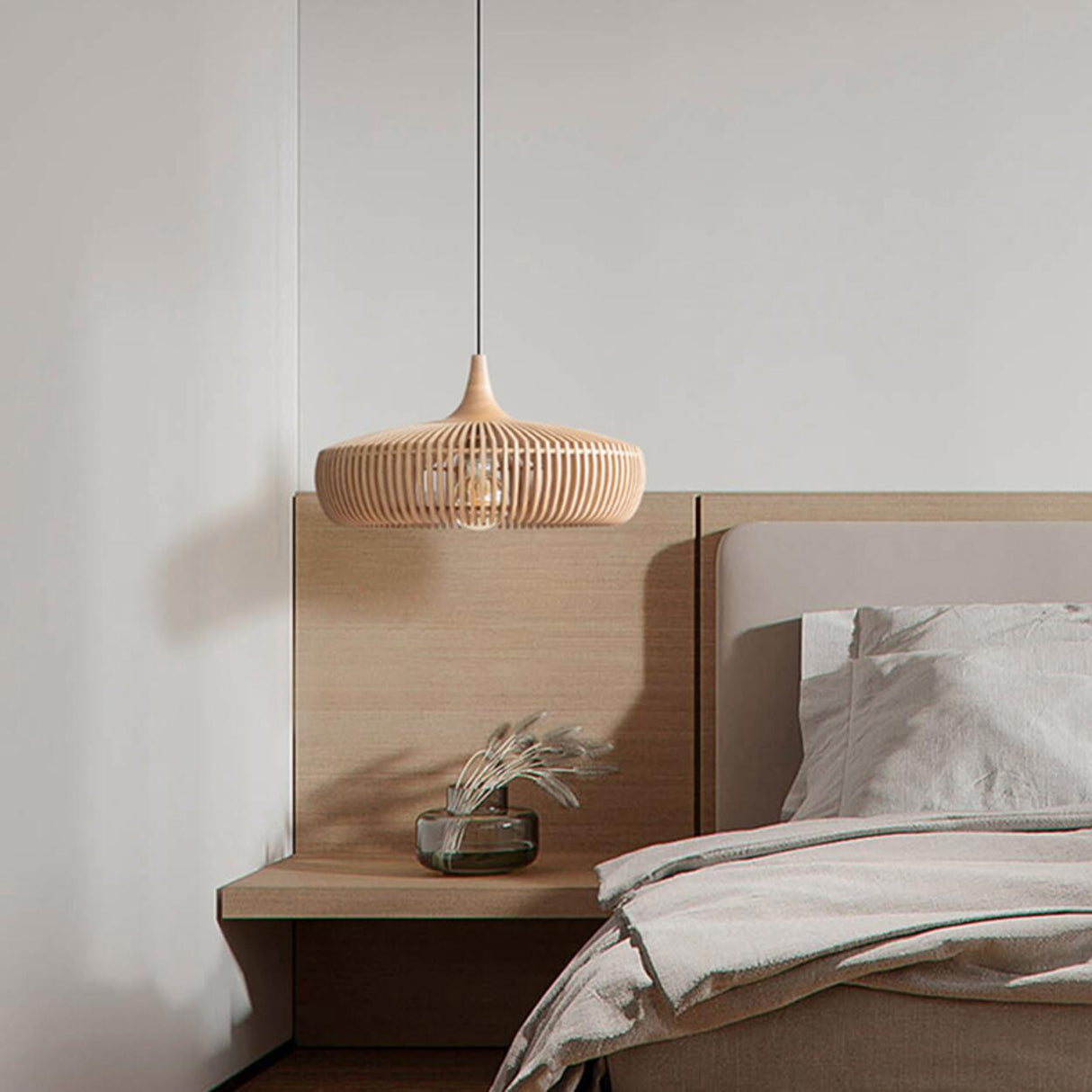 Scandinavian Minimalist Wooden Slatted Drum Pendant Light Image - 1