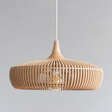 Scandinavian Minimalist Wooden Slatted Drum Pendant Light Image - 11