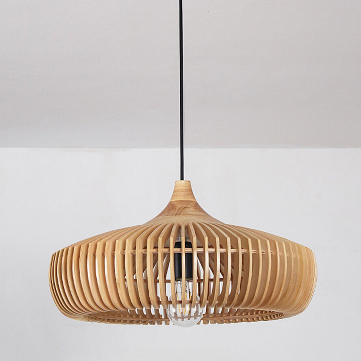 Scandinavian Minimalist Wooden Slatted Drum Pendant Light Image - 12