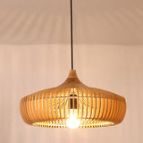 Scandinavian Minimalist Wooden Slatted Drum Pendant Light Image - 13