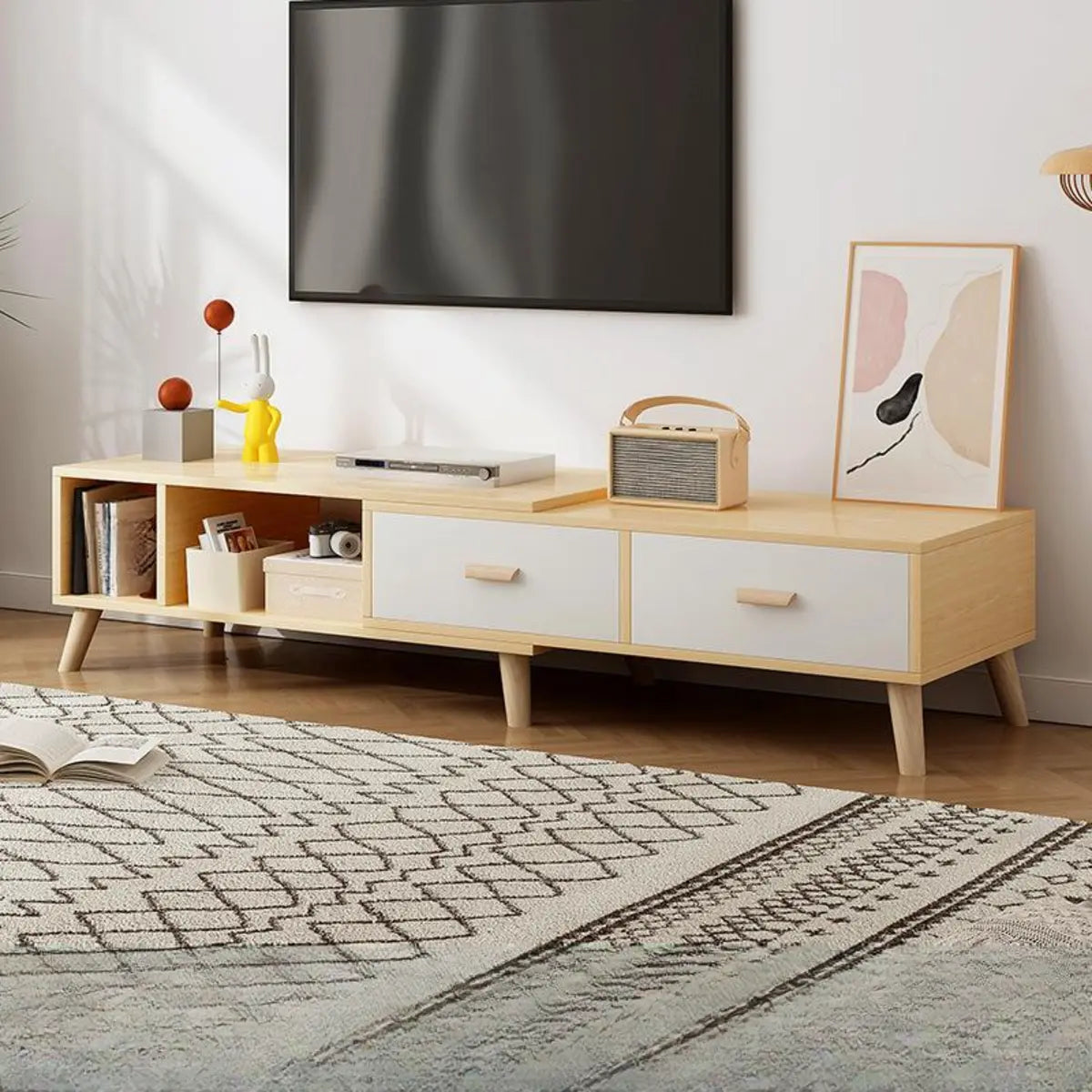 Scandinavian Oak Wooden Rectangle TV Stand with Storage Image - 7