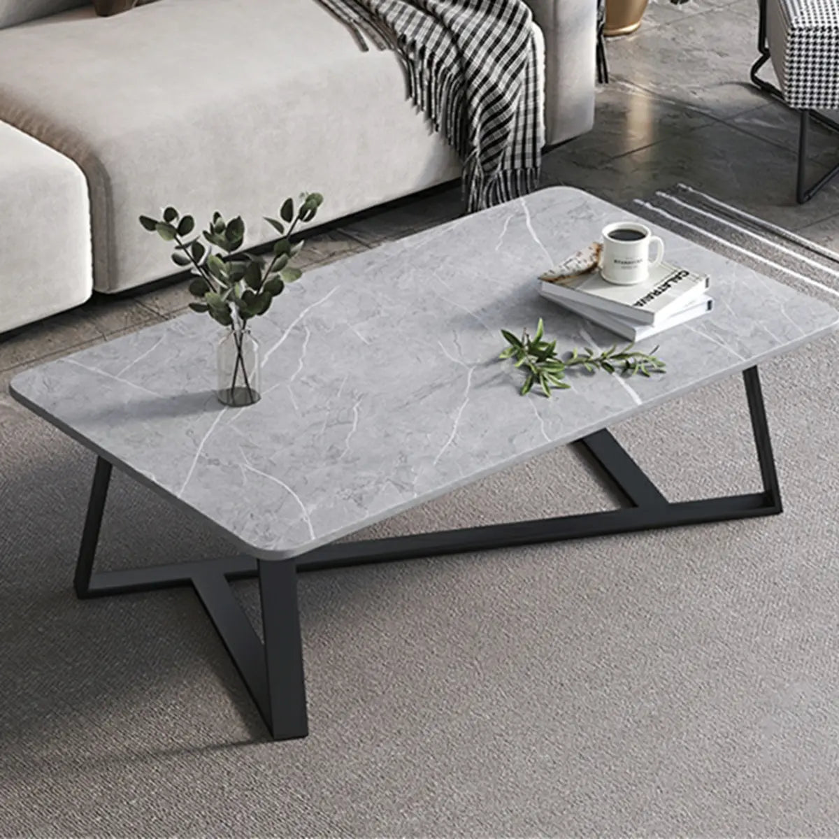 Scandinavian Stone Rectangle Cross Legs Coffee Table Image - 1