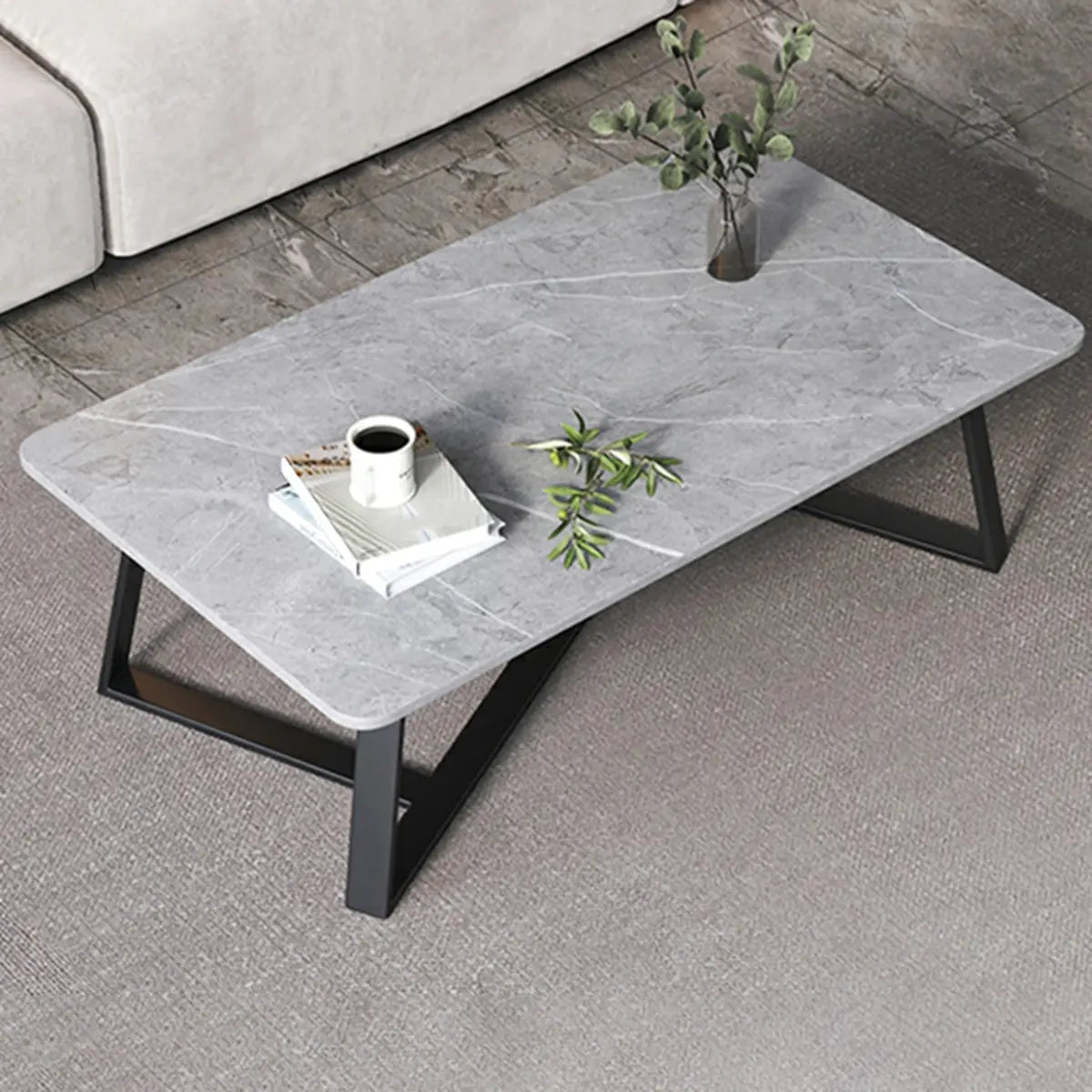 Scandinavian Stone Rectangle Cross Legs Coffee Table Image - 13