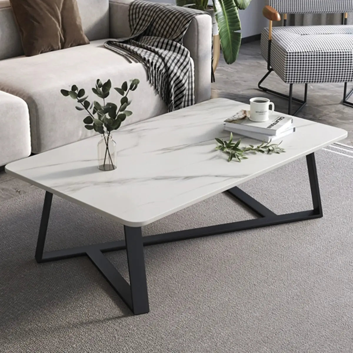 Scandinavian Stone Rectangle Cross Legs Coffee Table Image - 2