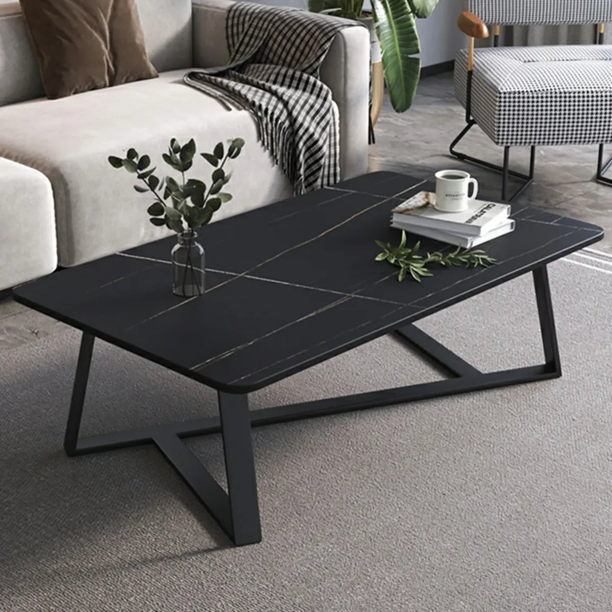 Scandinavian Stone Rectangle Cross Legs Coffee Table Image - 3