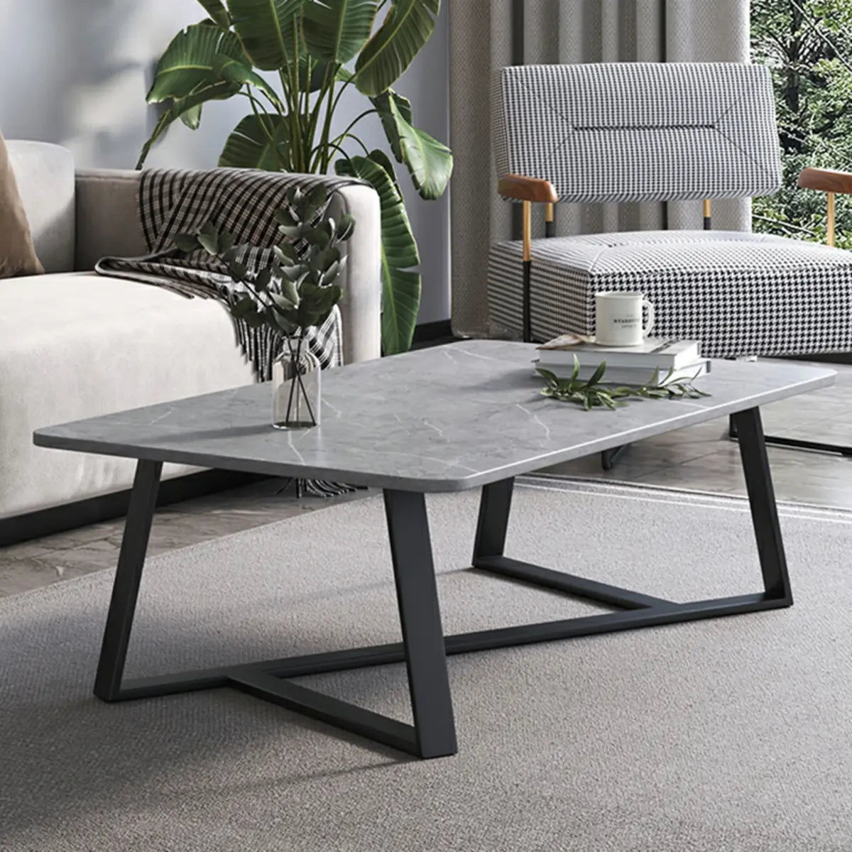 Scandinavian Stone Rectangle Cross Legs Coffee Table Image - 4