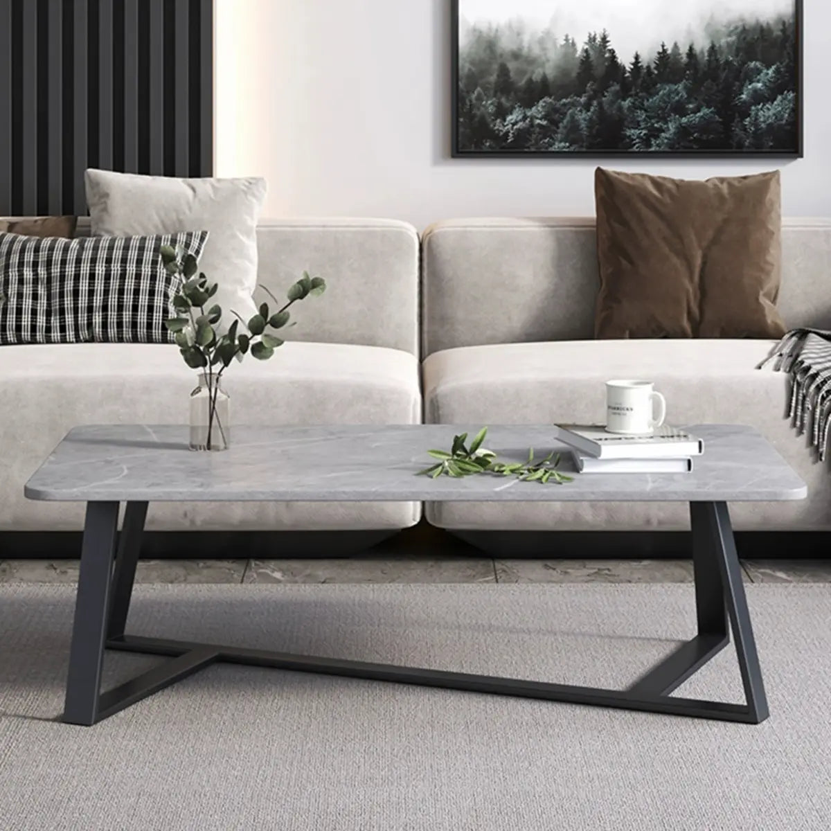 Scandinavian Stone Rectangle Cross Legs Coffee Table Image - 6