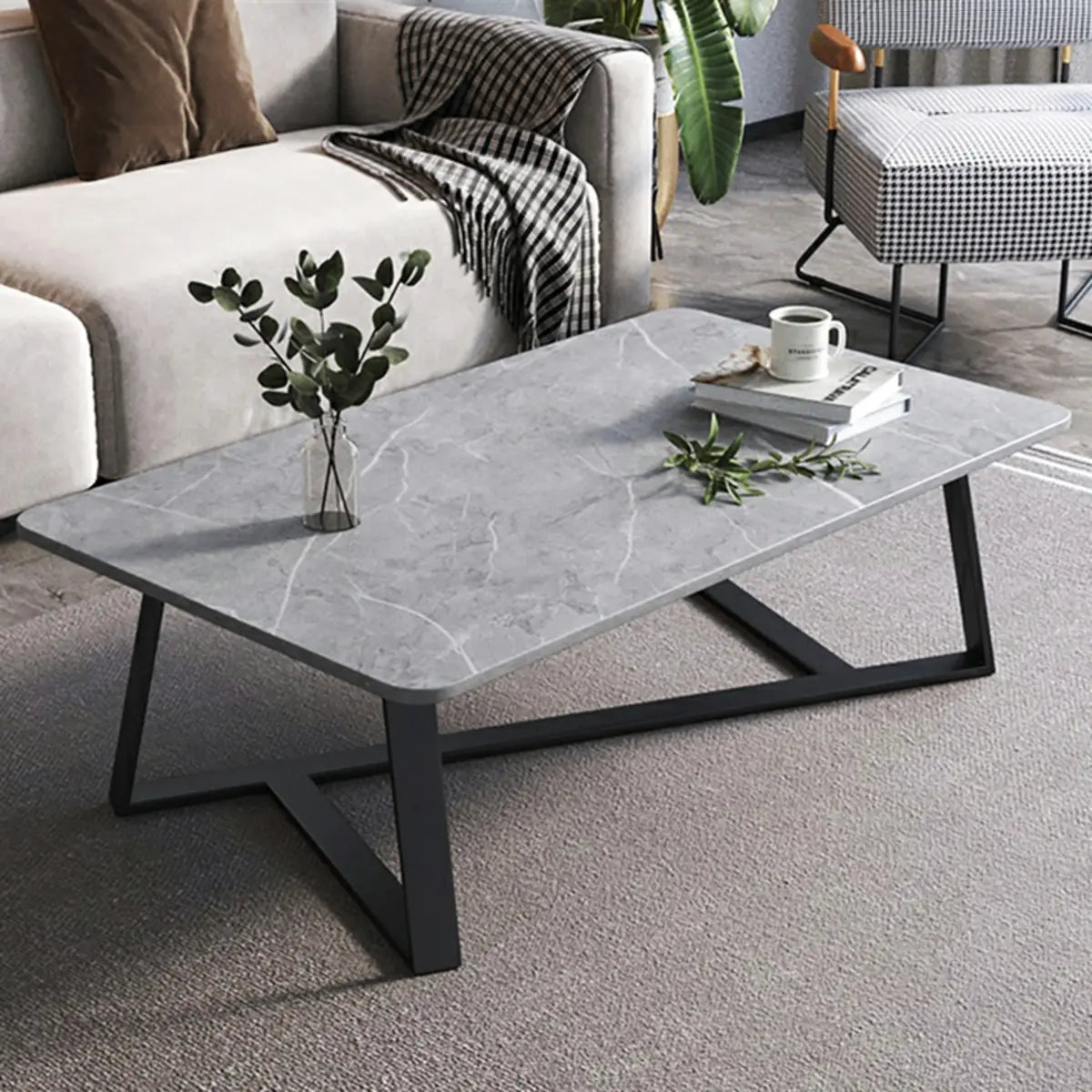 Scandinavian Stone Rectangle Cross Legs Coffee Table Image - 7