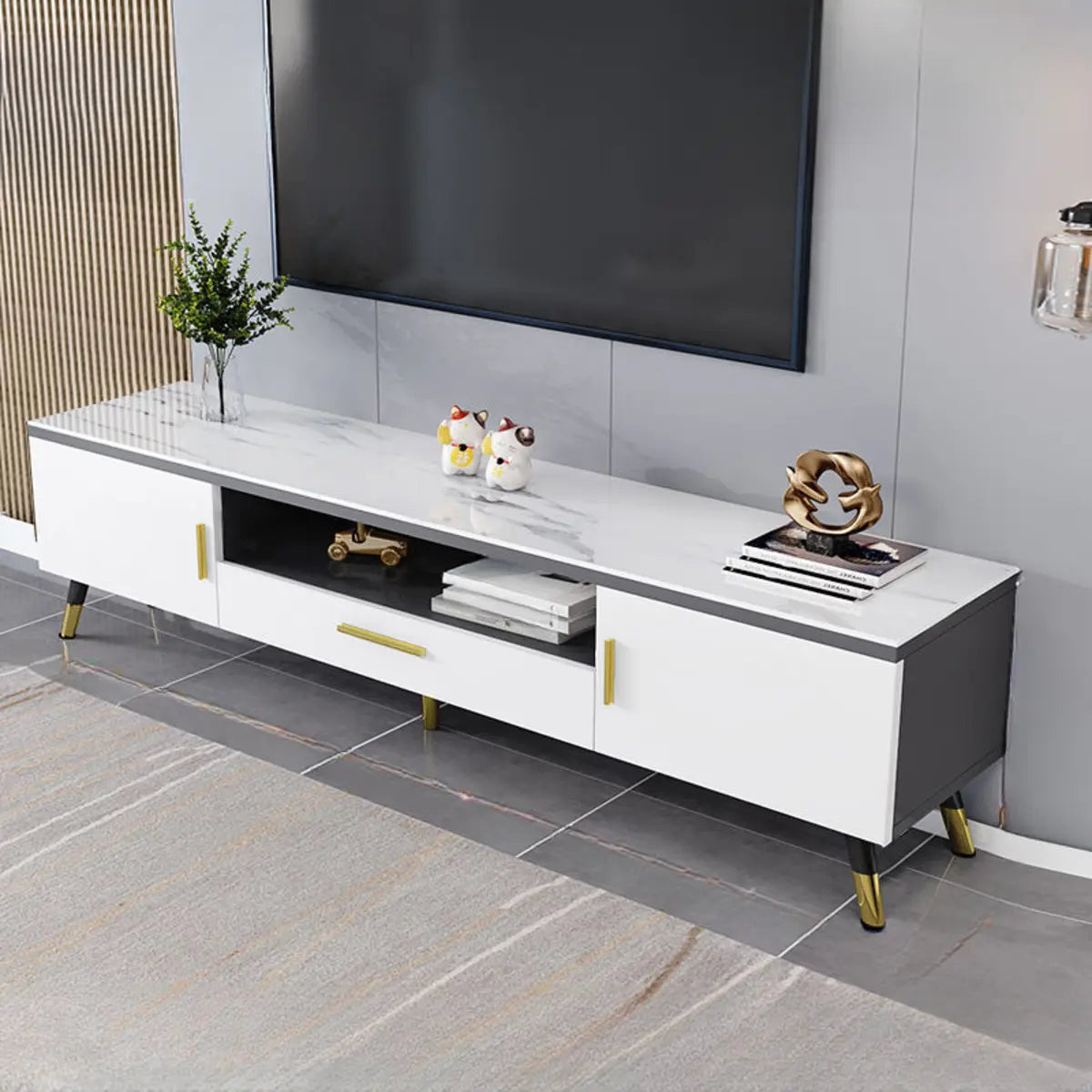 Scandinavian White Glass Cabinet Drawers TV Stand Image - 4