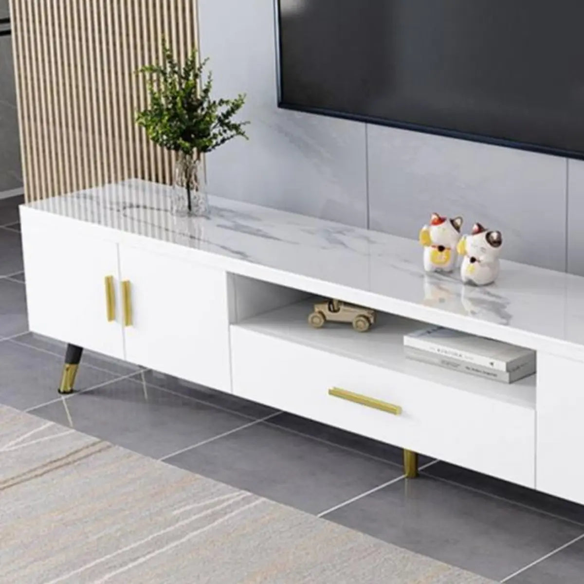 Scandinavian White Glass Cabinet Drawers TV Stand Image - 6