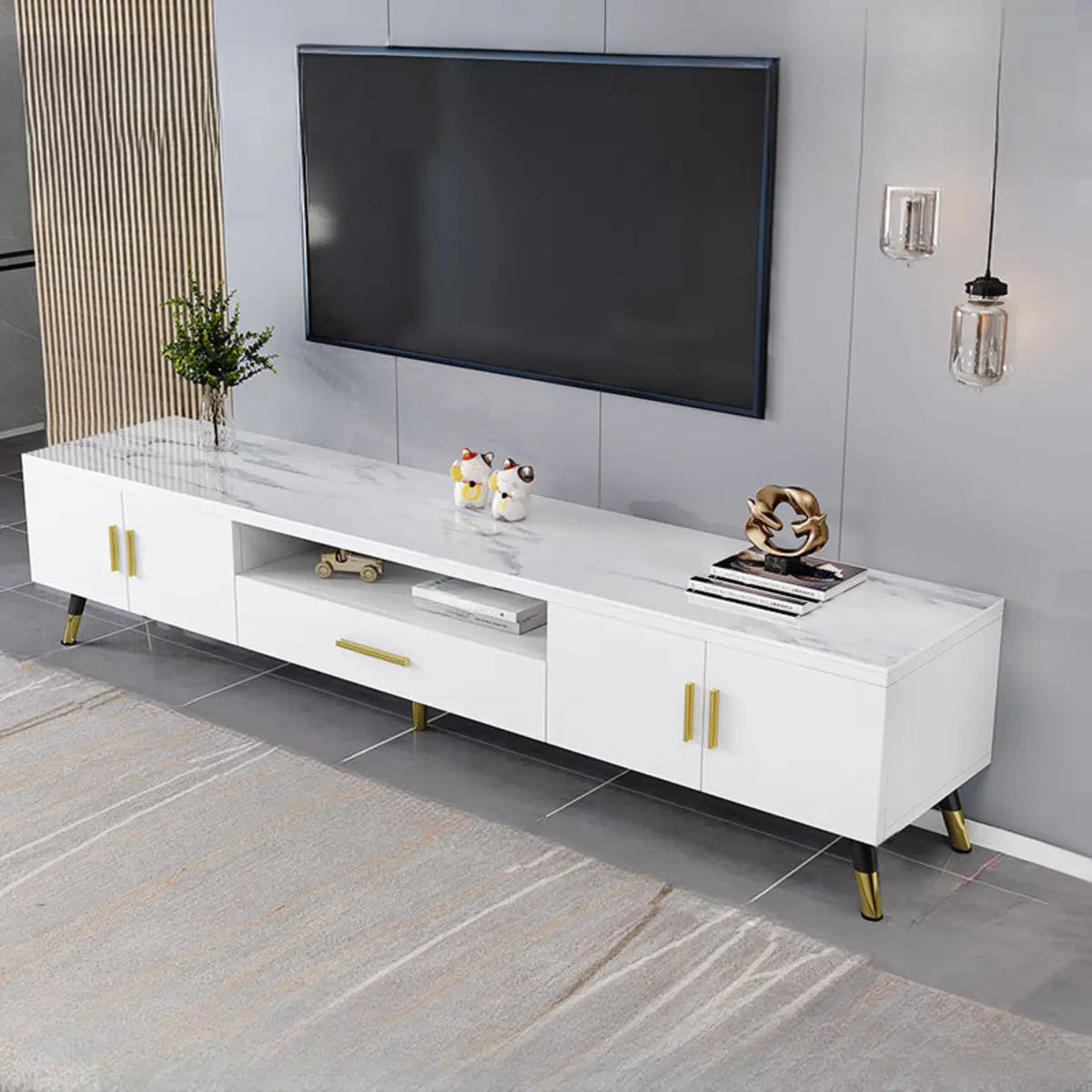 Scandinavian White Glass Cabinet Drawers TV Stand Image - 8