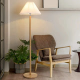 Scandinavian White Pleated Shade Wooden Floor Lamp Image - 2