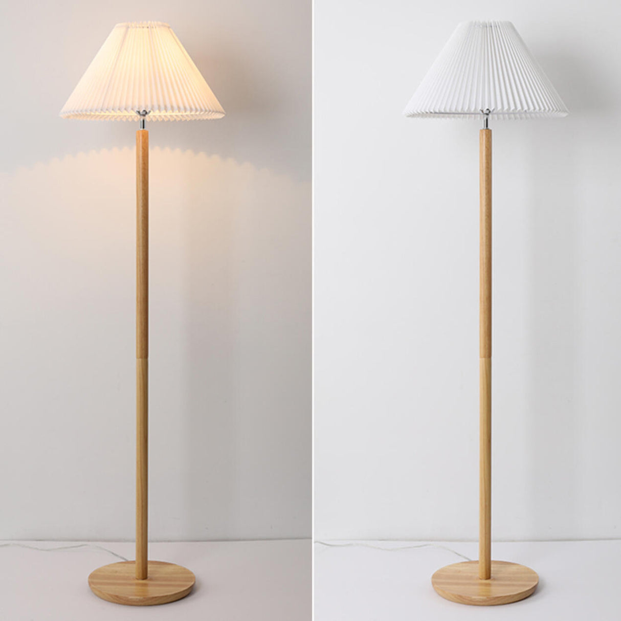 Scandinavian White Pleated Shade Wooden Floor Lamp Image - 6