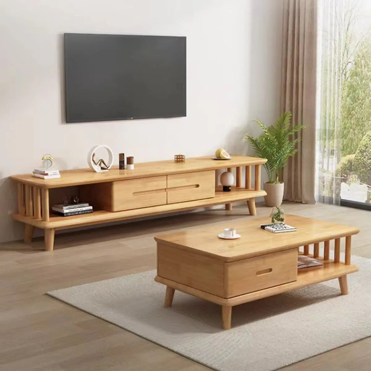 Scandinavian Wood Color Open Storage Drawers TV Stand Image - 5