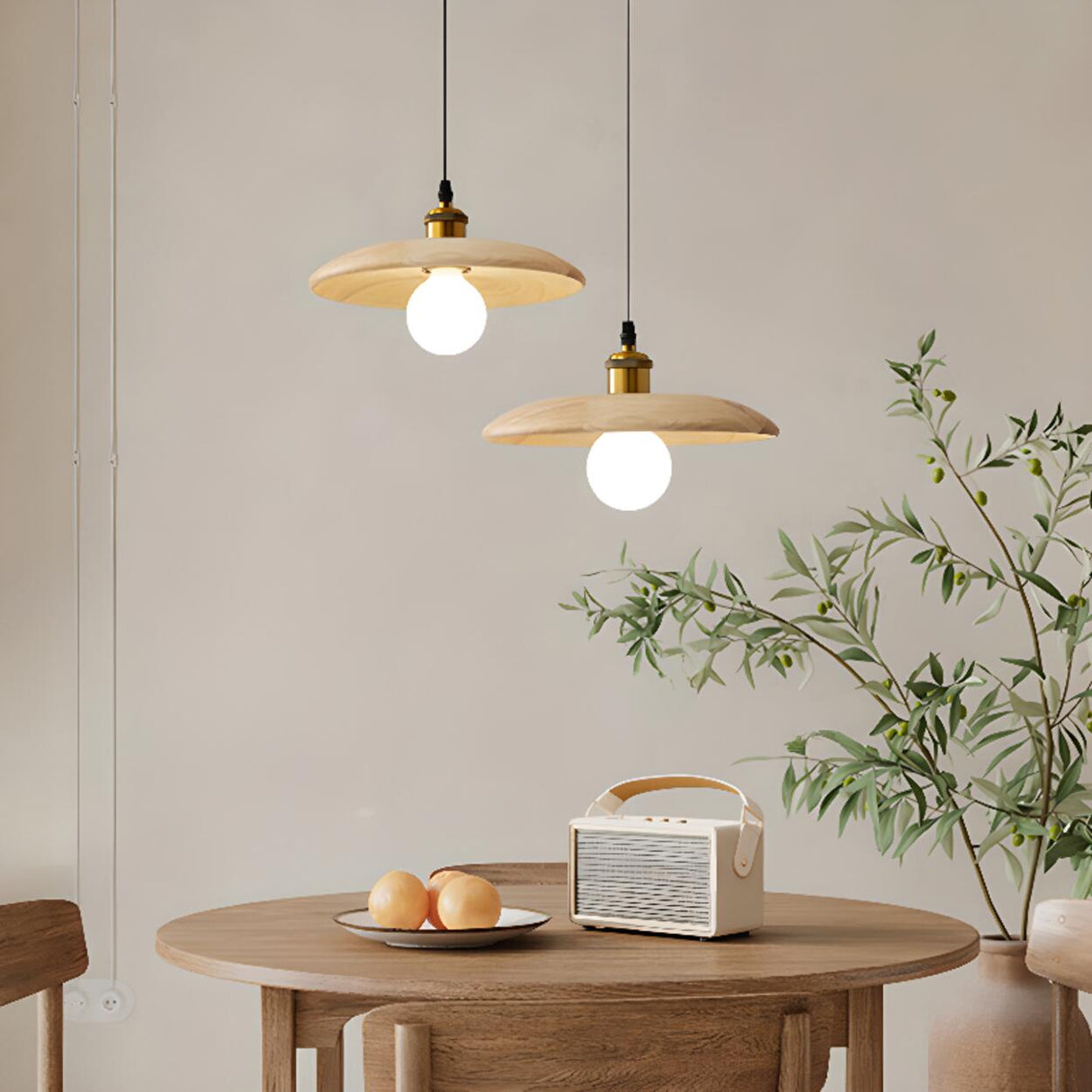 Scandinavian Wood Flat Disc Pendant Light Flexible Length Image - 1