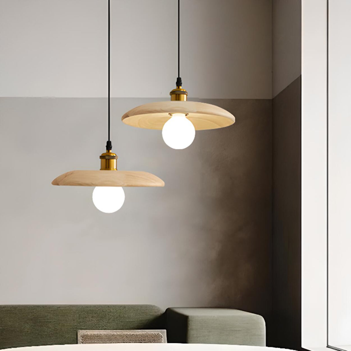 Scandinavian Wood Flat Disc Pendant Light Flexible Length Image - 3