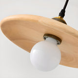 Scandinavian Wood Flat Disc Pendant Light Flexible Length Image - 8