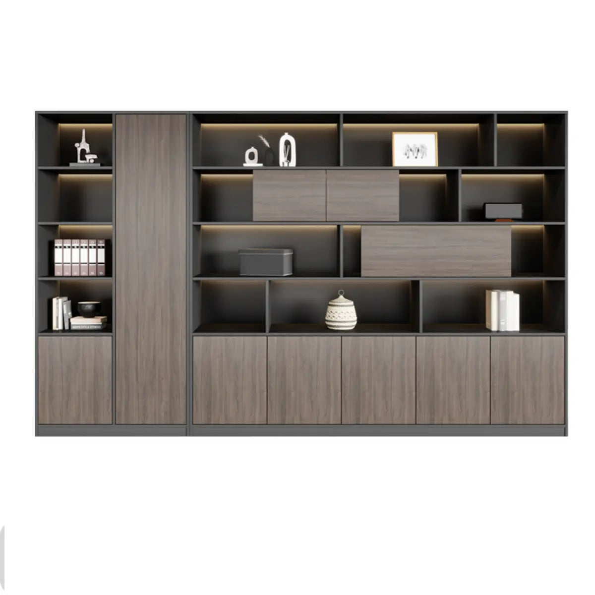 Scratch Resistant Brown Tall Office Cabinet with Shelves Image - 11