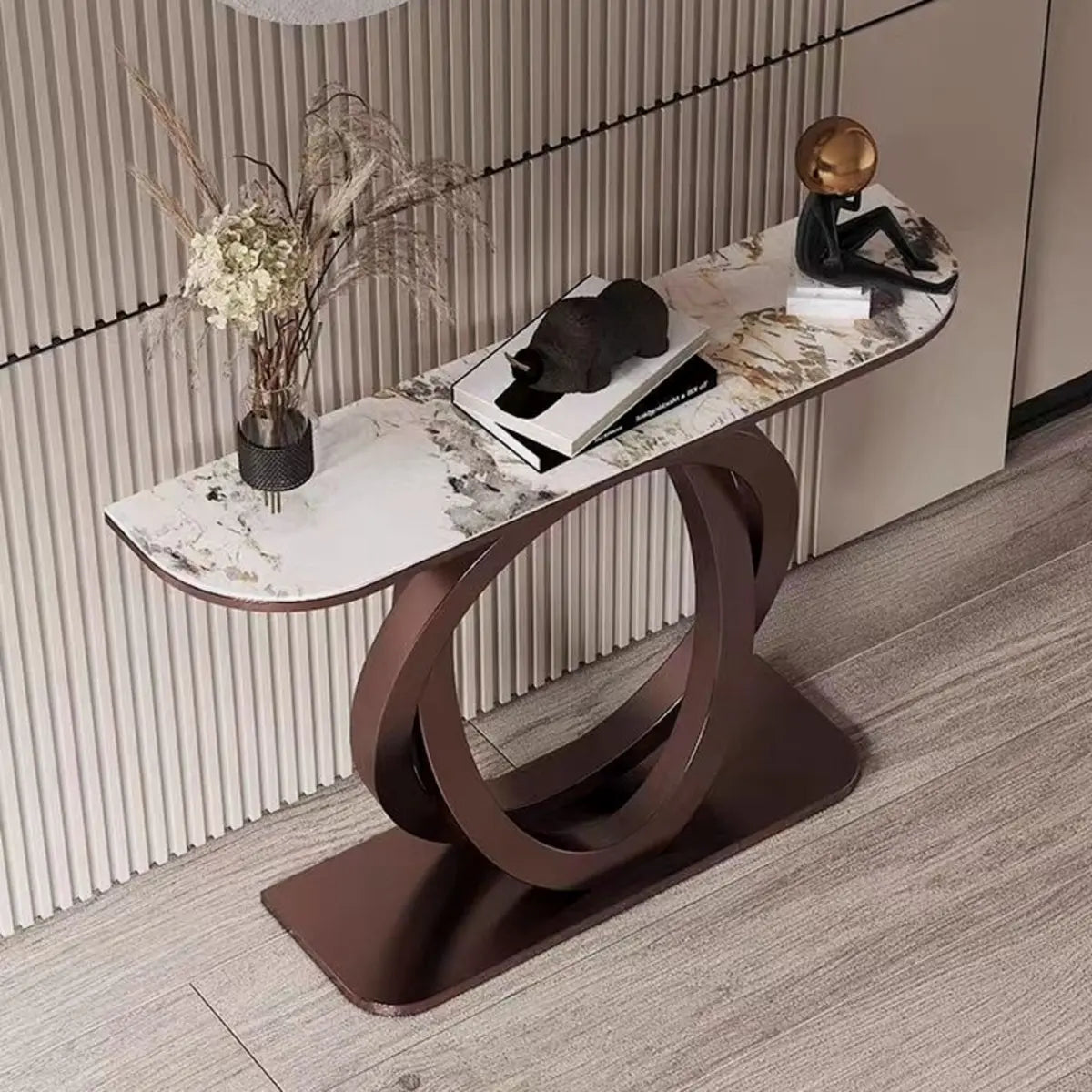 Scratch Resistant Half-Circle Brown Ring Base Console Table Image - 1