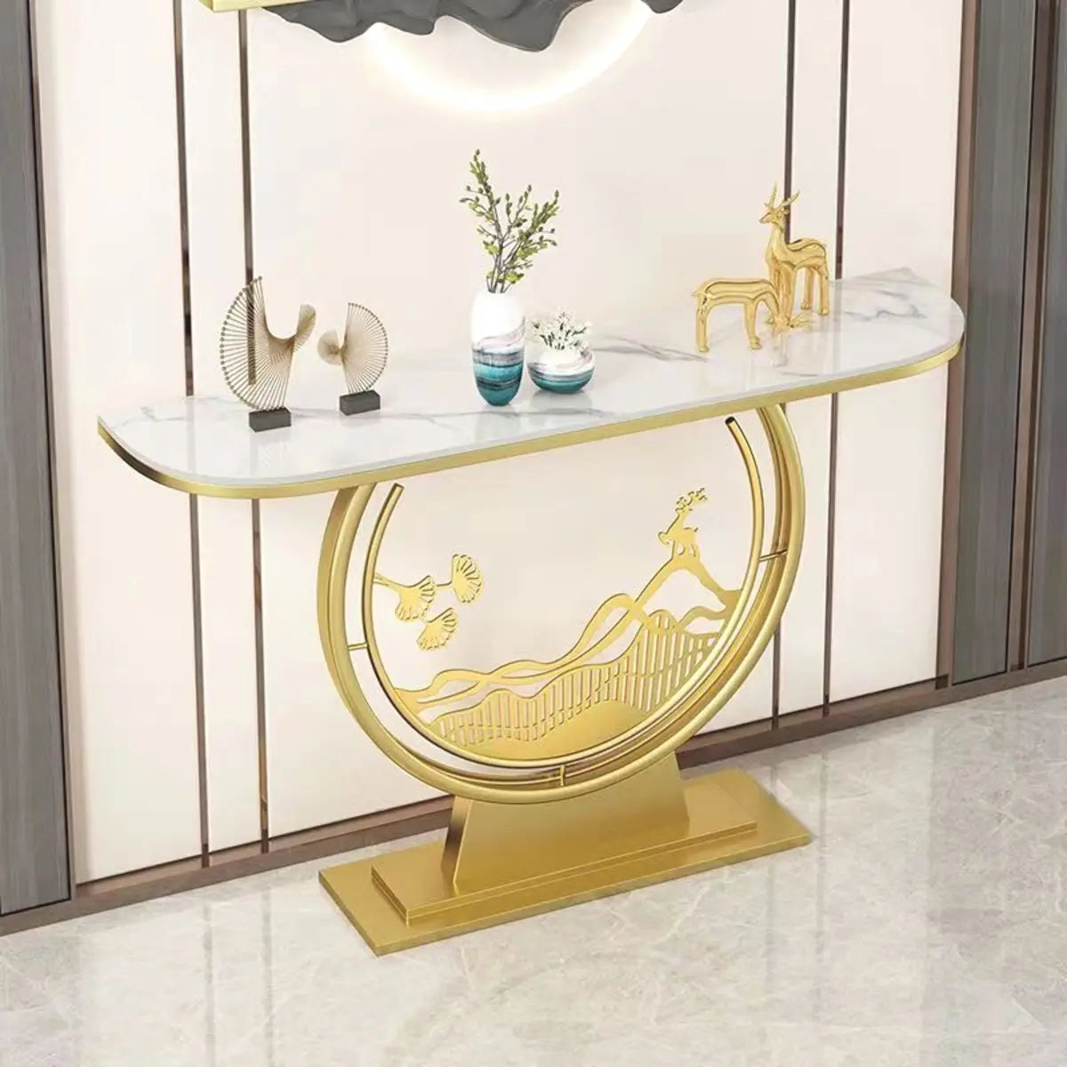 Scratch Resistant Half-Moon Marble Gold Console Table Image - 2