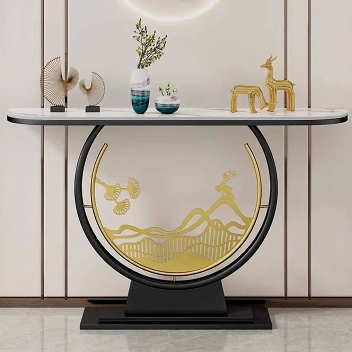 Scratch Resistant Half-Moon Marble Gold Console Table Image - 6