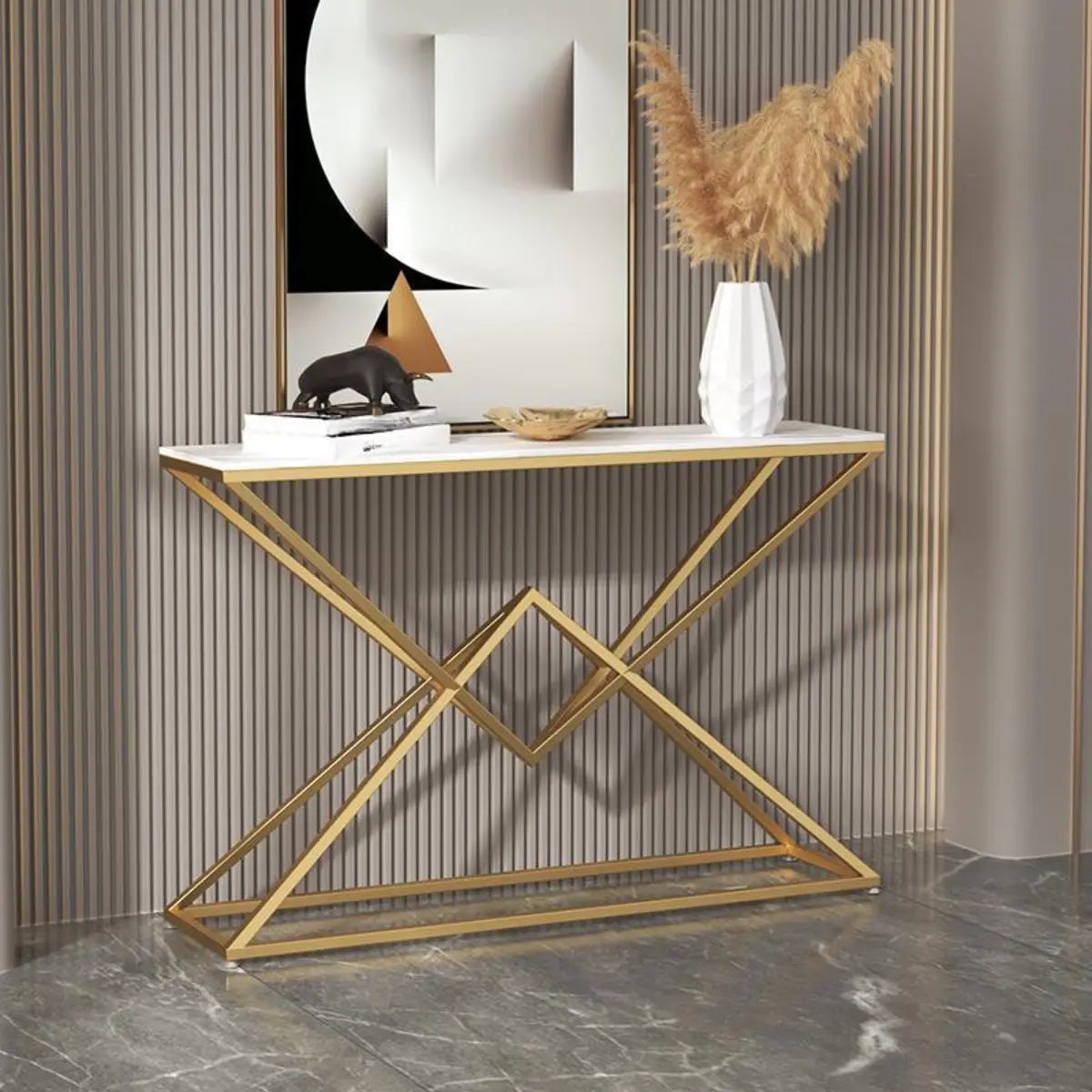 Scratch Resistant Metal Gold Rectangular Console Table Image - 2