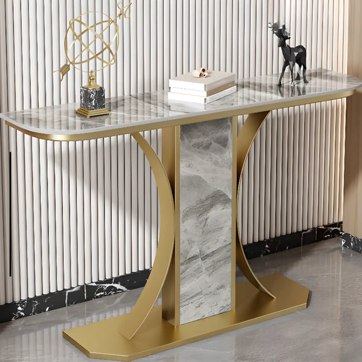 Scratch Resistant Rectangular Stone Gold Console Table Image - 1