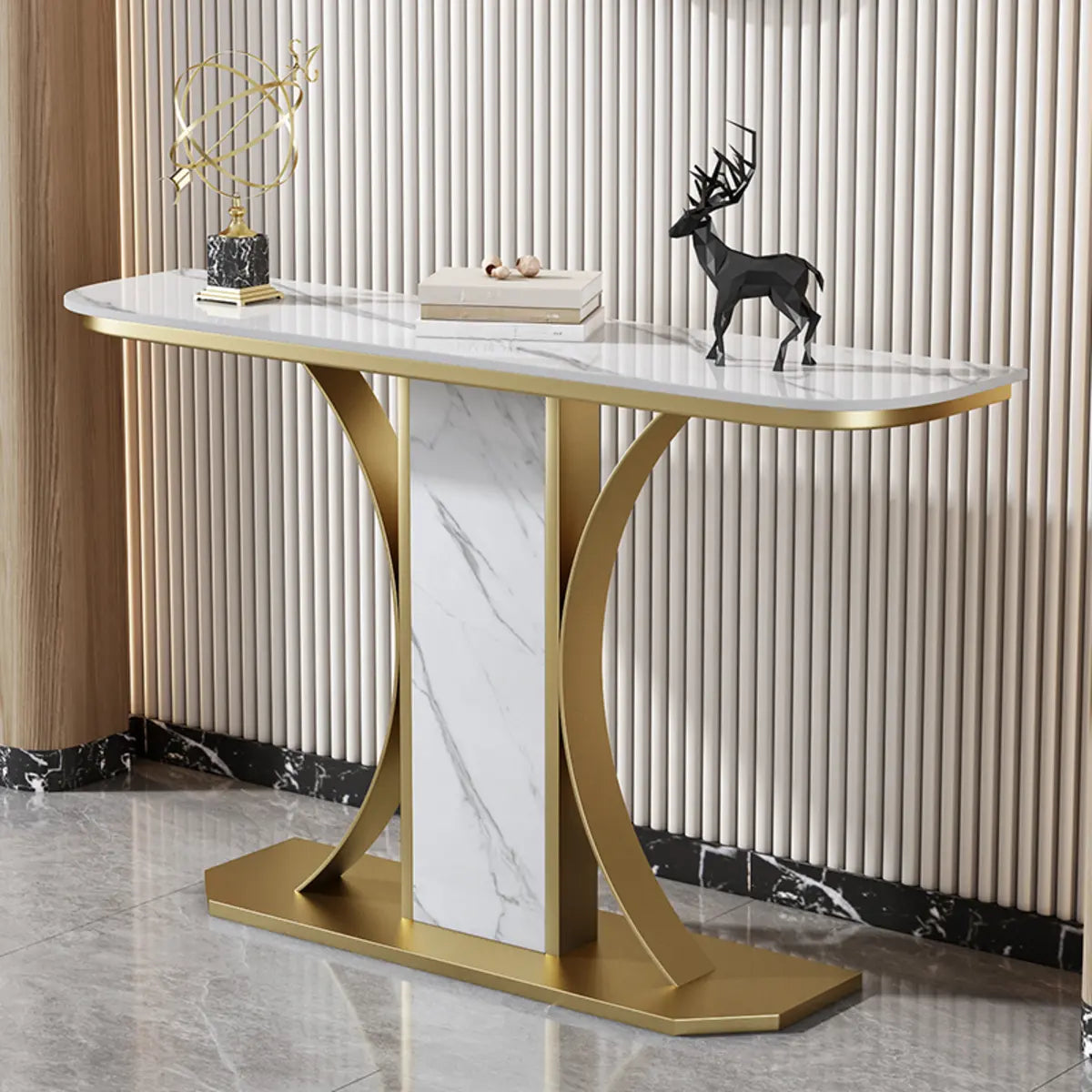 Scratch Resistant Rectangular Stone Gold Console Table Image - 11