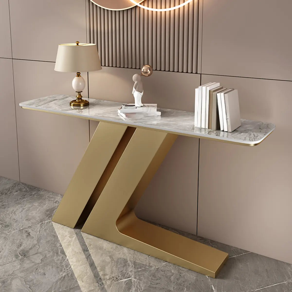 Scratch Resistant Rectangular Stone Gold Console Table Image - 12