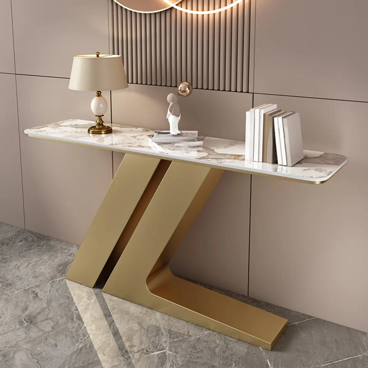 Scratch Resistant Rectangular Stone Gold Console Table Image - 13