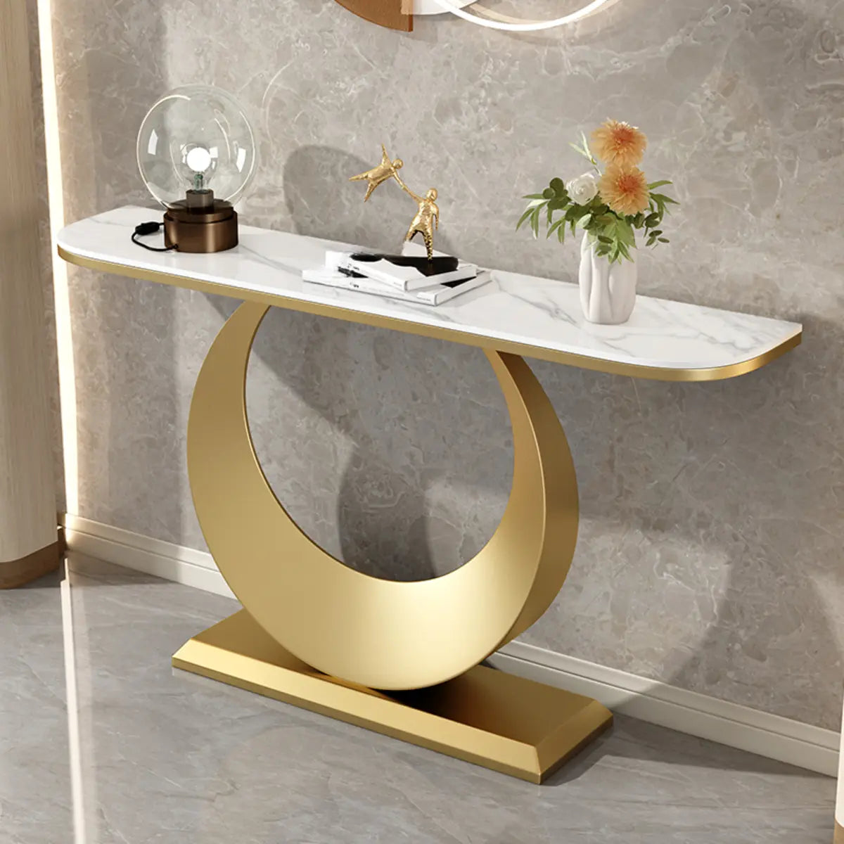 Scratch Resistant Rectangular Stone Gold Console Table Image - 14