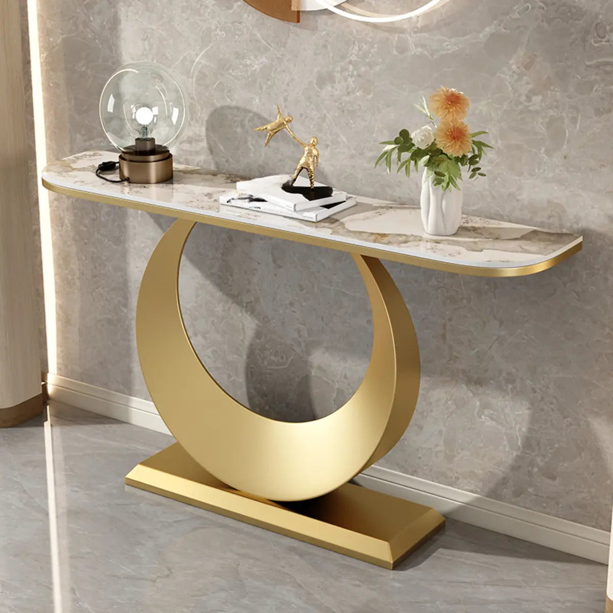 Scratch Resistant Rectangular Stone Gold Console Table Image - 15