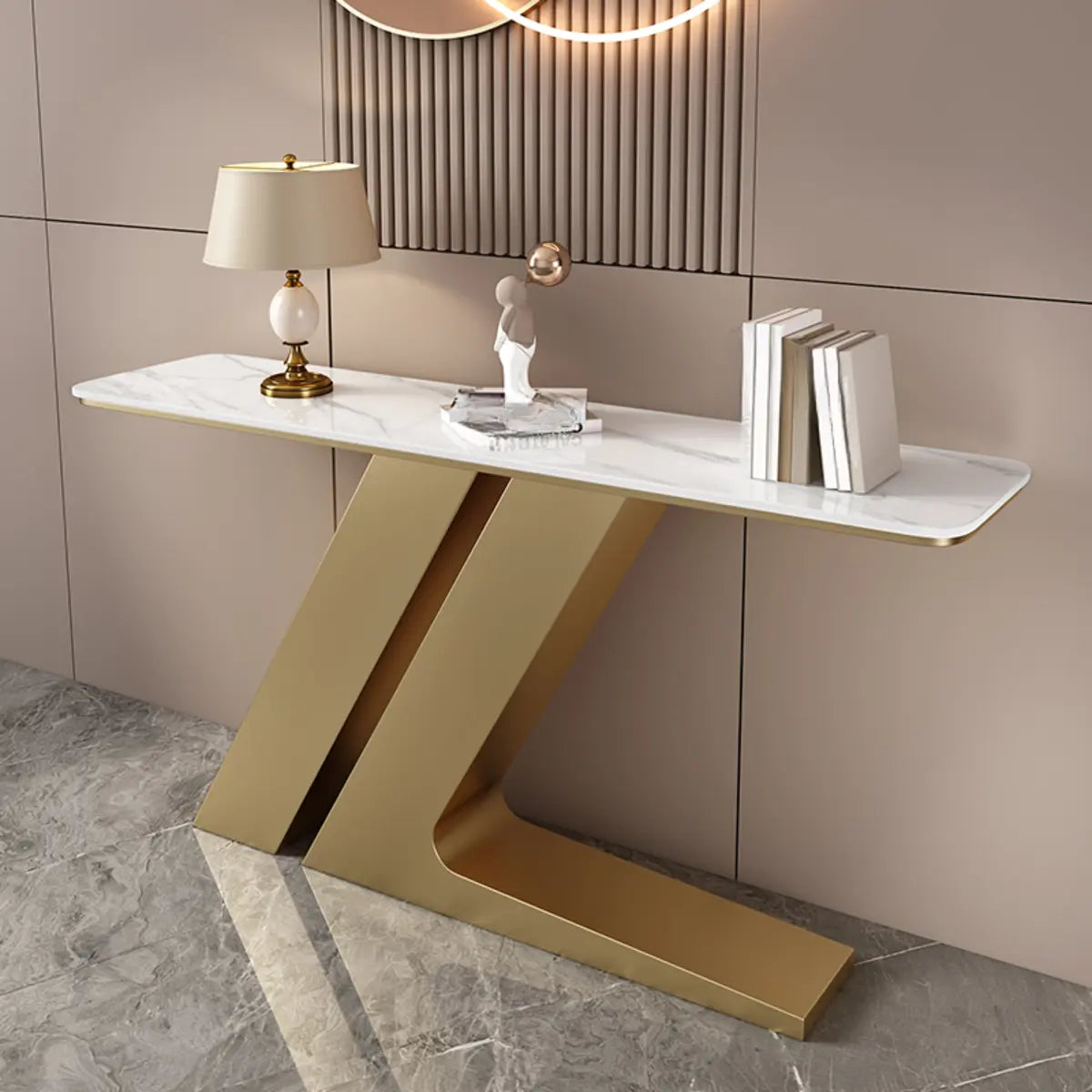 Scratch Resistant Rectangular Stone Gold Console Table Image - 17