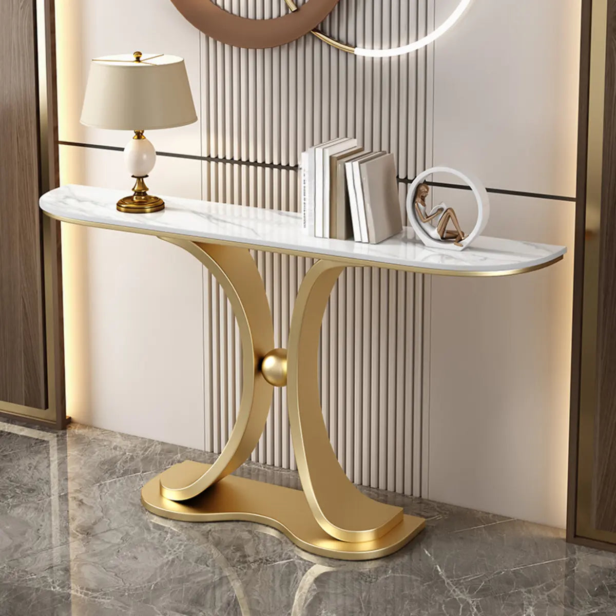 Scratch Resistant Rectangular Stone Gold Console Table Image - 2