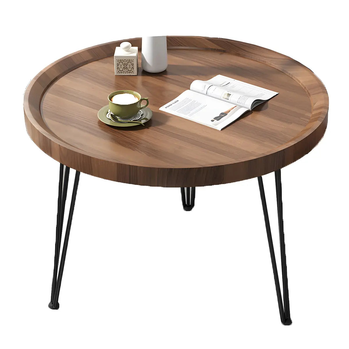 Scratch Resistant Walnut Round Coffee Table with Shelf Image - 19