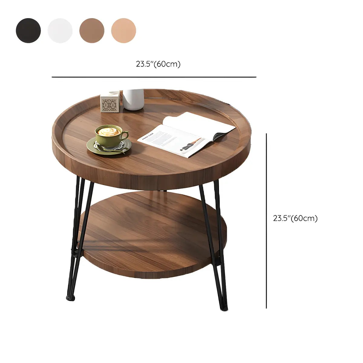 Scratch Resistant Walnut Round Coffee Table with Shelf Image - 35