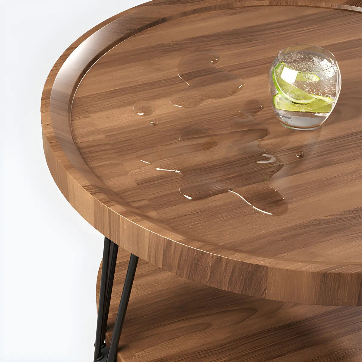 Scratch Resistant Walnut Round Coffee Table with Shelf Image - 11