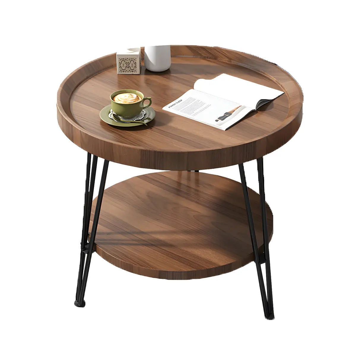 Scratch Resistant Walnut Round Coffee Table with Shelf Image - 9