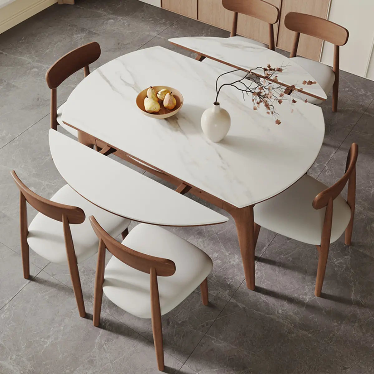 Self-Storing Leaf Round Stone Top Dining Table Set Image - 1