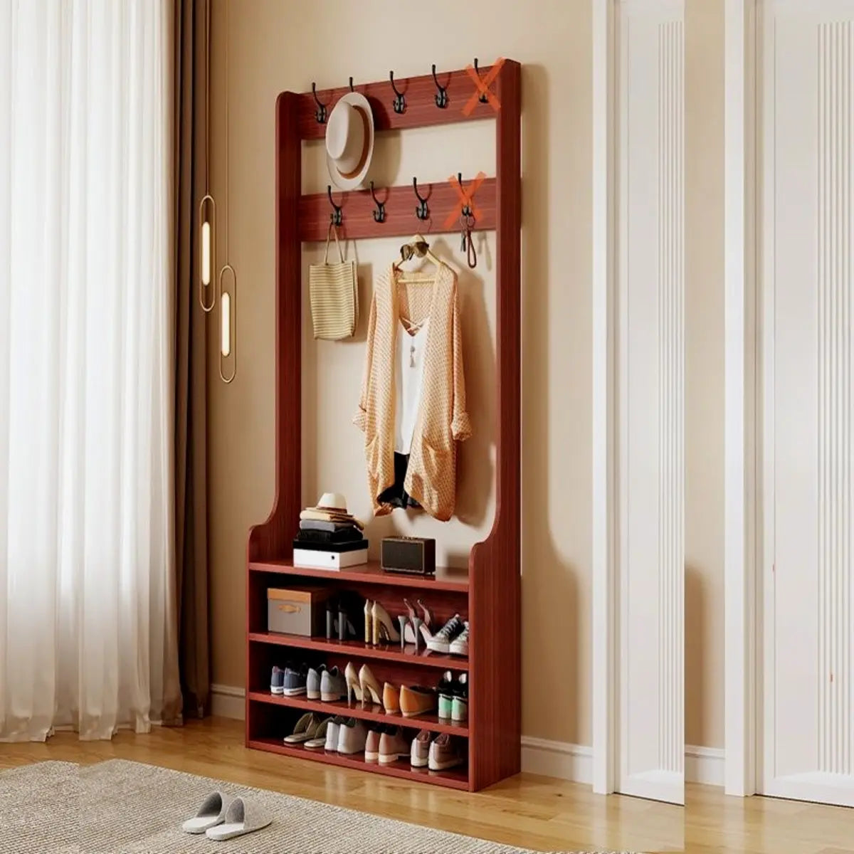 Shoe Storage Freestanding Wood Tall Coat Rack Organizer Image - 22