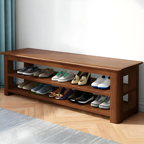 Short Natural Rubberwood Shoe Storage Entryway Bench Image - 2