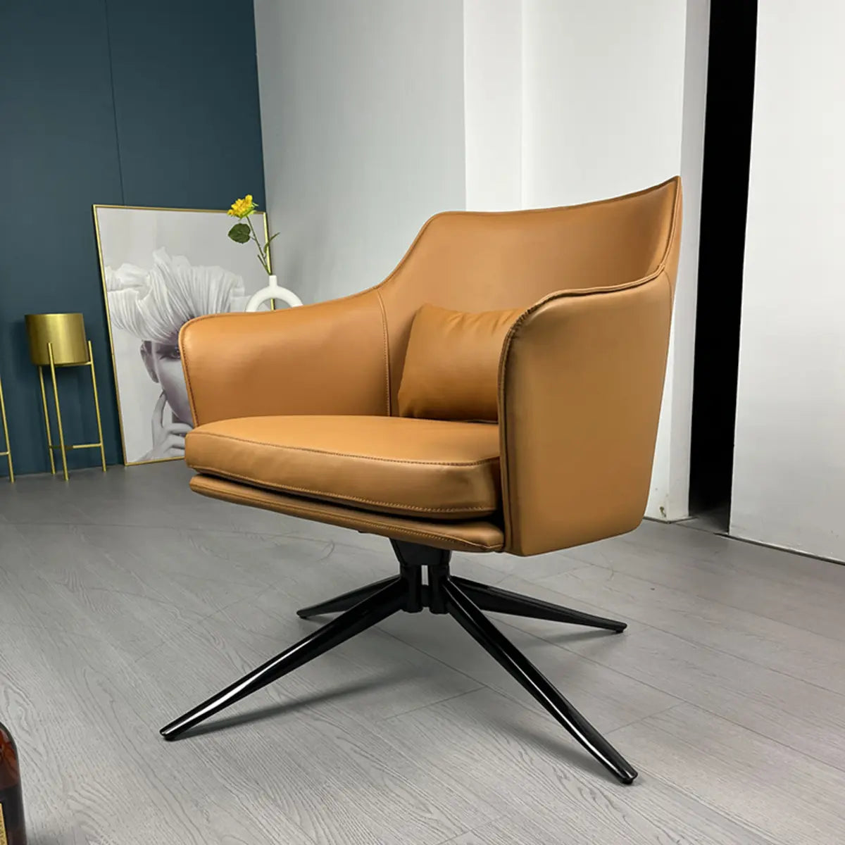 Short Orange Genuine Leather 4-Star Base Arm Chair Image - 1