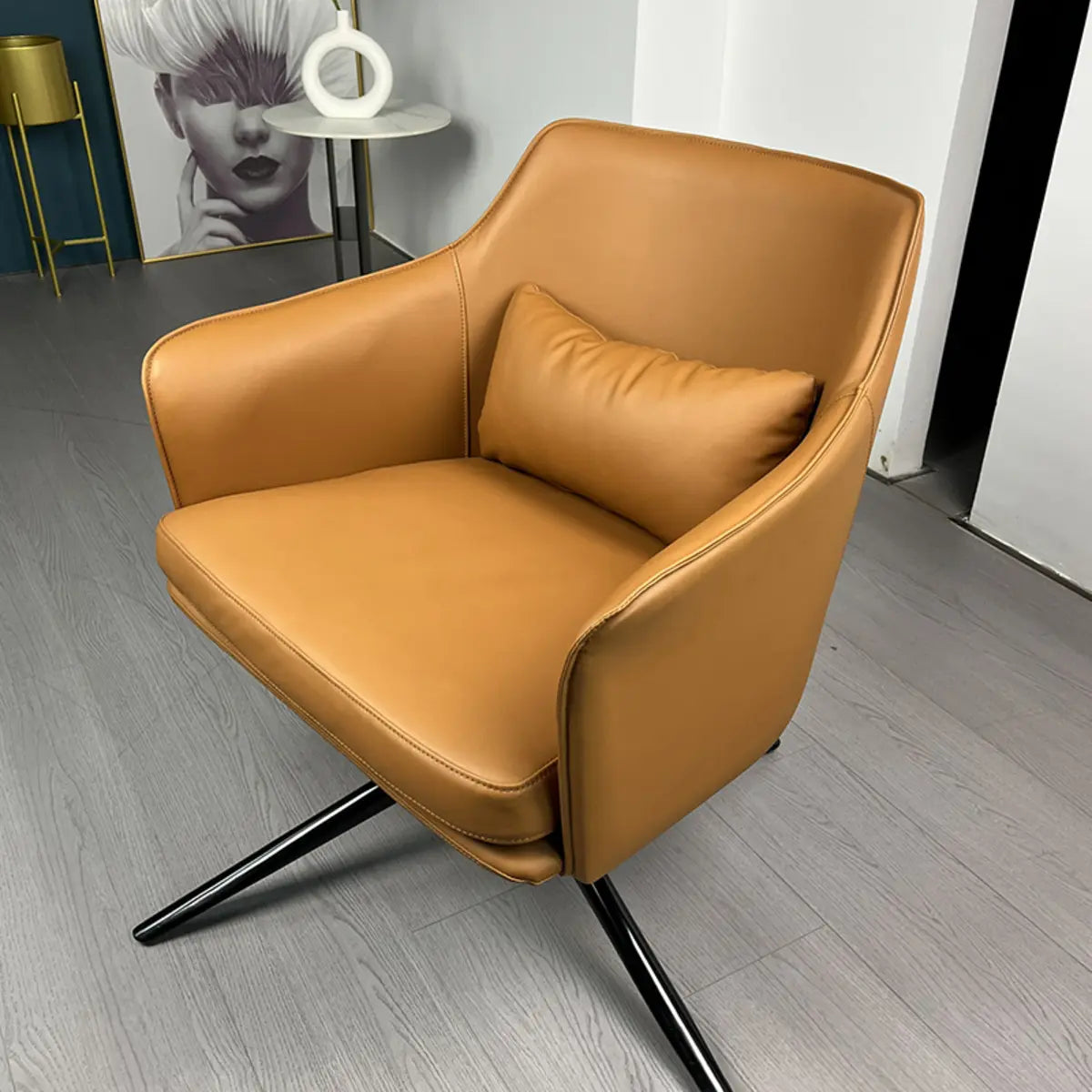 Short Orange Genuine Leather 4-Star Base Arm Chair Image - 3