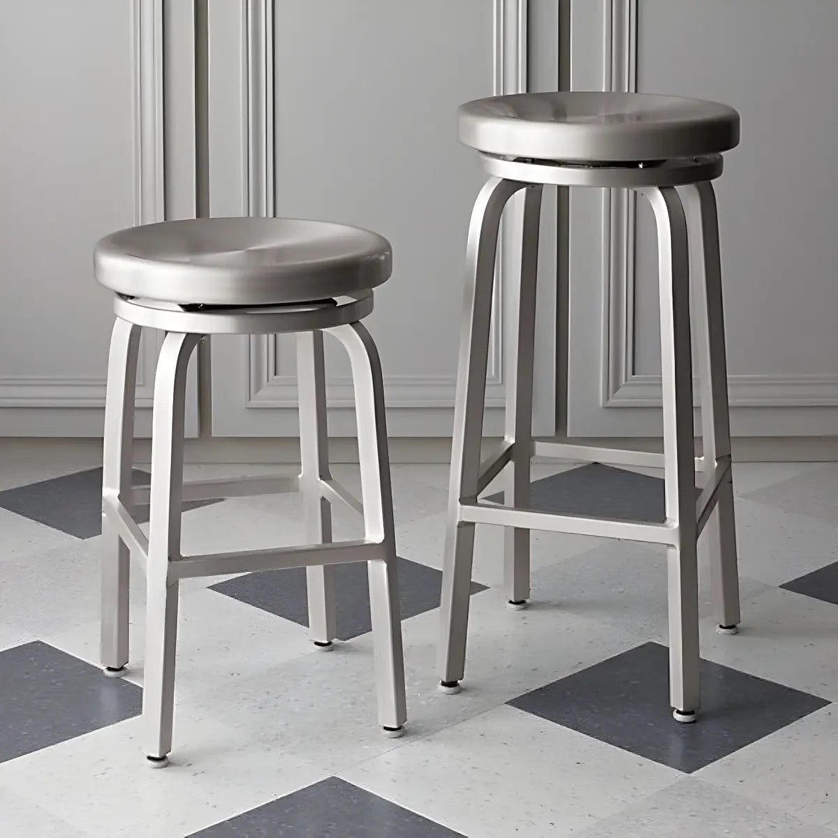 Silver Aluminum Round Backless Counter Bar Stools Image - 1