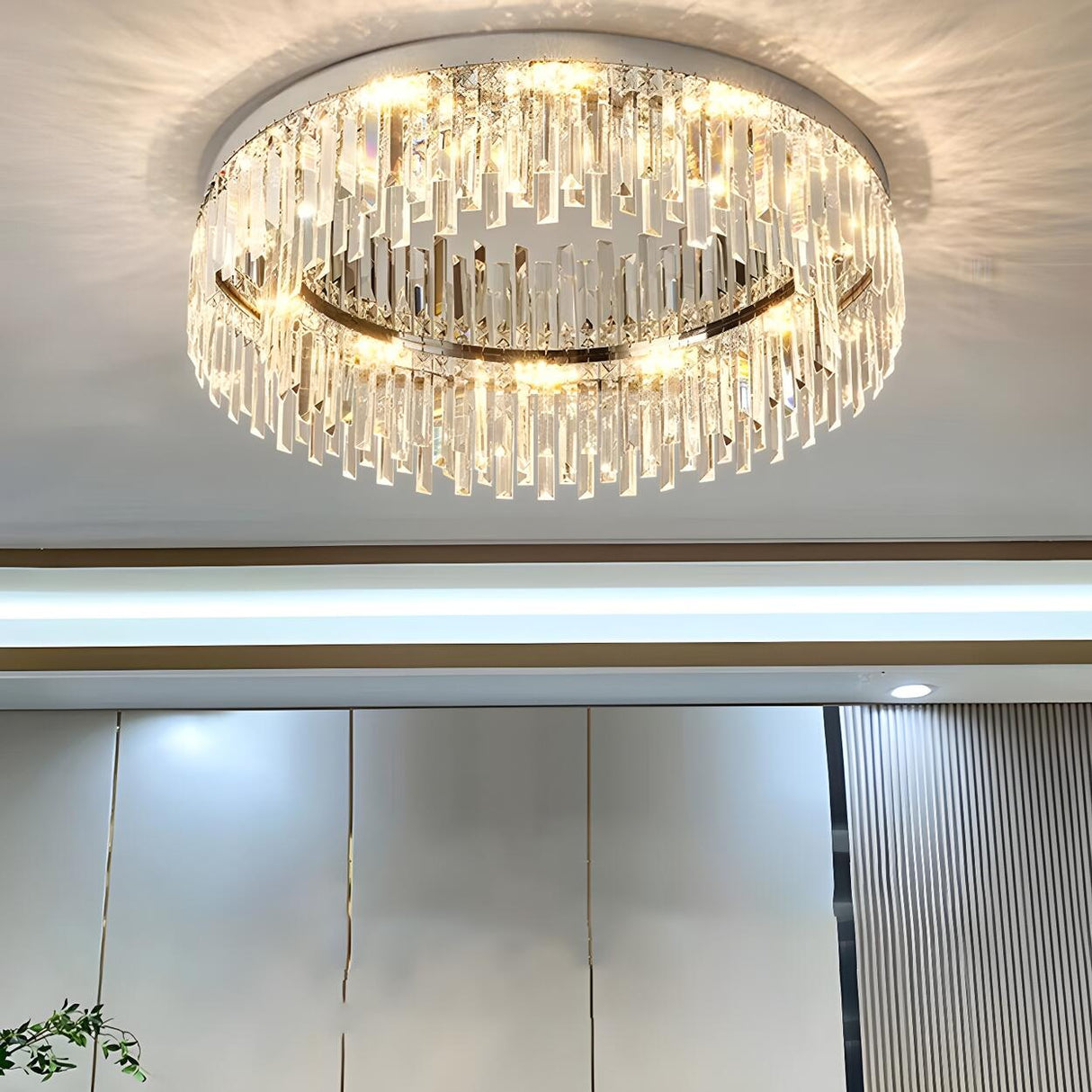 Silver Round Crystal Strip Flush Mount Ceiling Light Image - 13