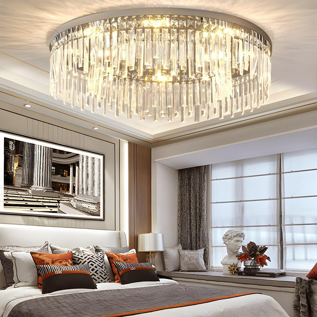 Silver Round Crystal Strip Flush Mount Ceiling Light Image - 5