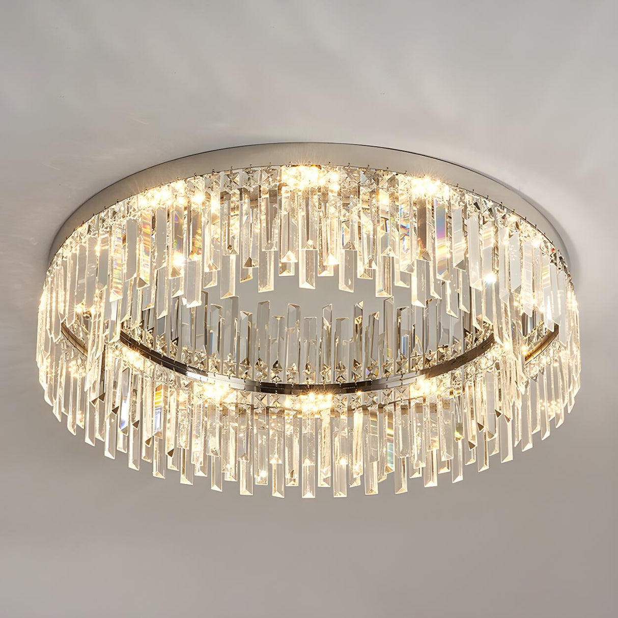 Silver Round Crystal Strip Flush Mount Ceiling Light Image - 8