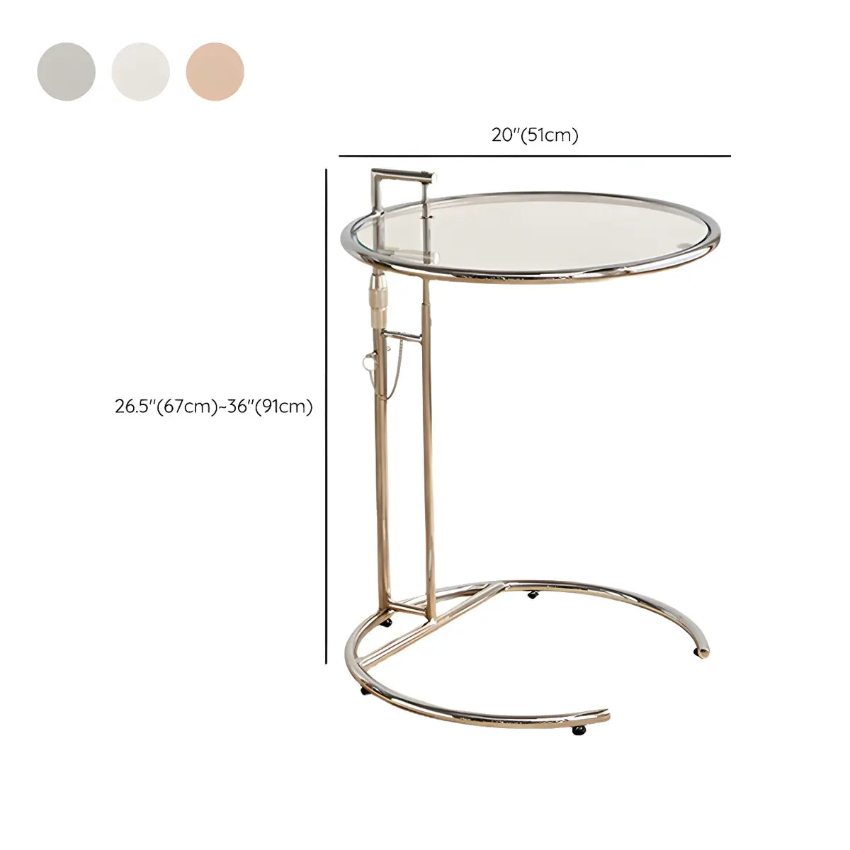 Silver Round Glass Adjustable Height C-Shaped End Table 